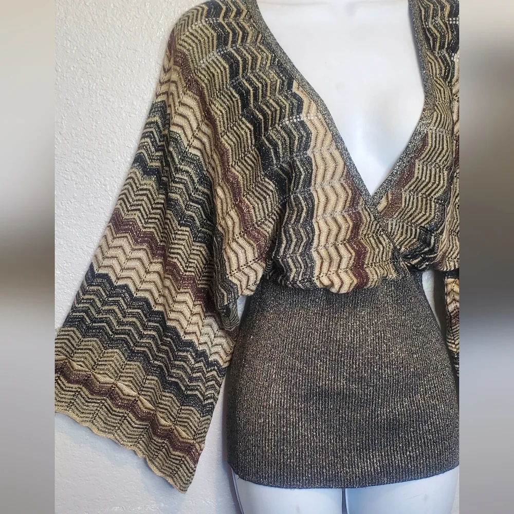 RAMPAGE Vintage Metallic Chevron Kimono Sleeve Knit Sweater Top Size Medium - Picture 2 of 7